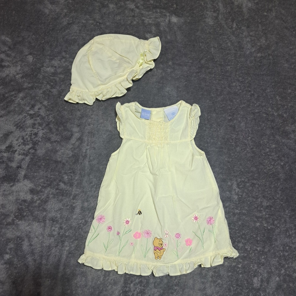 Disney Baby Winnie the Pooh Yellow Dress Bonnet 6-9 Months Cottagecore Floral